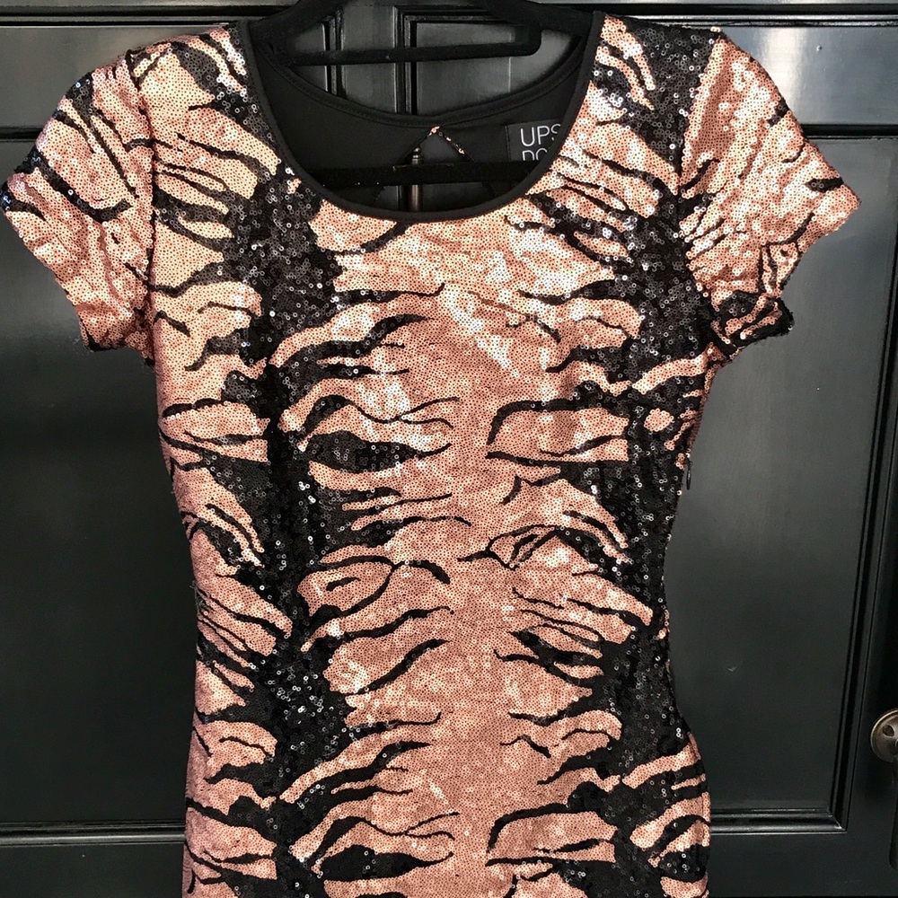 Sequin mini dress, black and copper, size 0